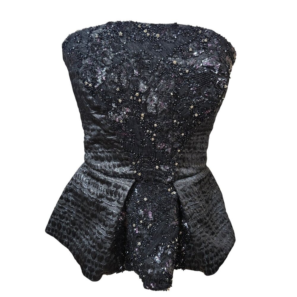 Monique Lhuillier Womens 6 Black Strapless Peplum Top Beaded Textured Zip USA - Picture 1 of 14